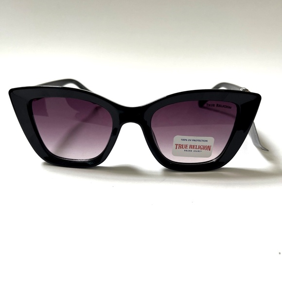 NWT True Religion Cat Eye Sunglasses Black Gold Logo Studs Rhinestone Gradient - Picture 3 of 7